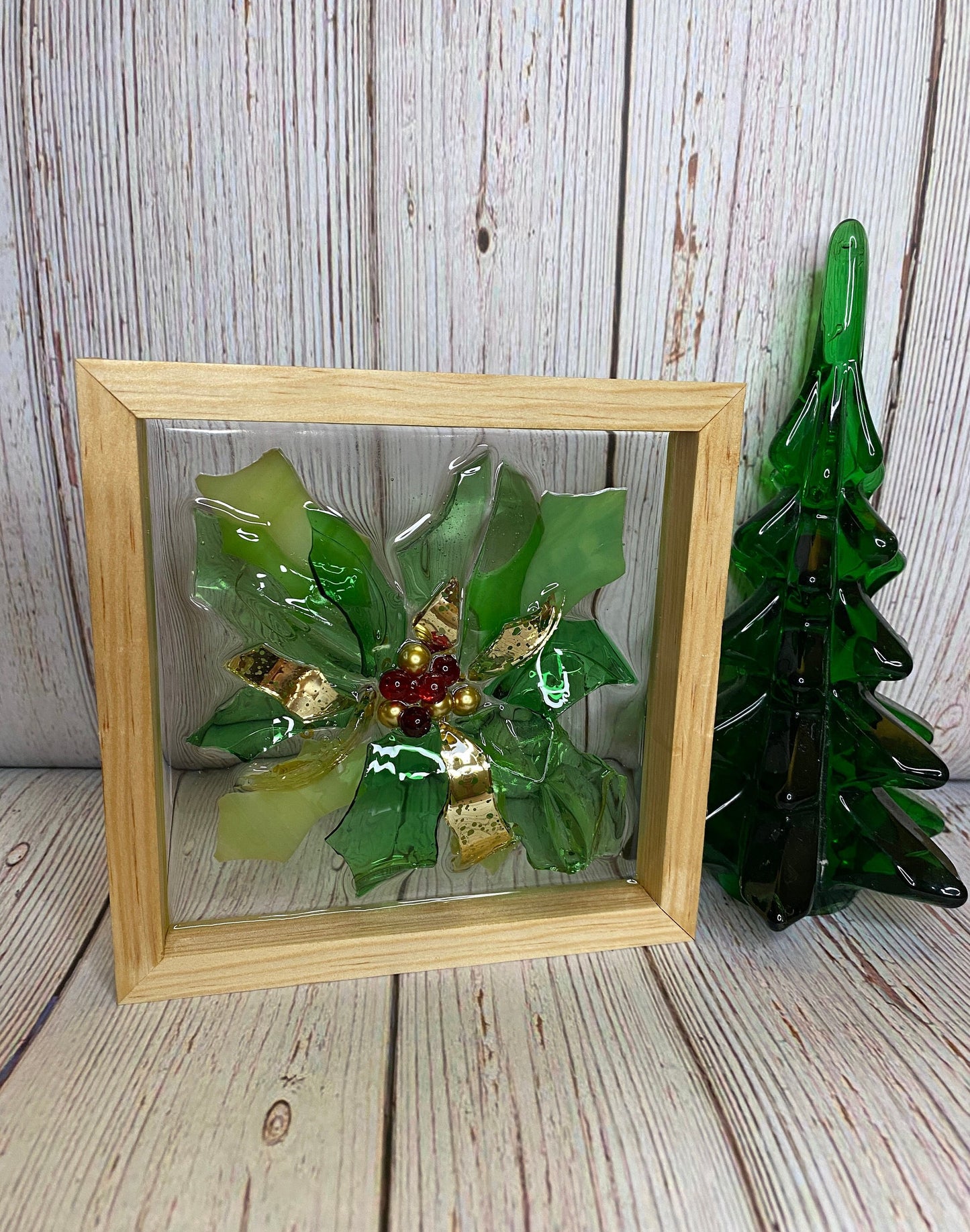 Holly Frame, Holly and Berries Decor, Recycled Glass and Resin Art, Christmas Mantel Decor, Kitchen Holly Decor, Shelf Sitter, Wreath Decor
