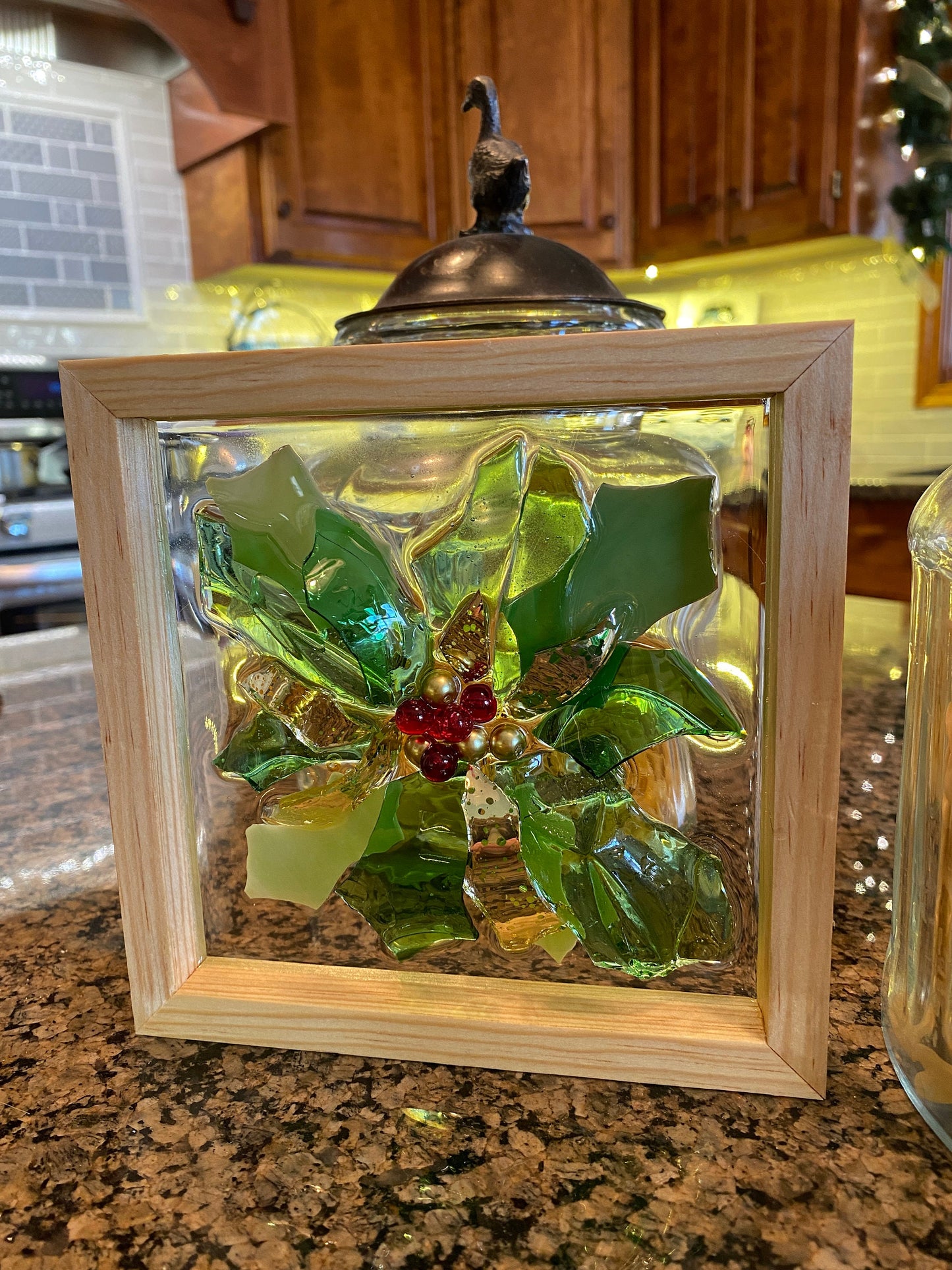 Holly Frame, Holly and Berries Decor, Recycled Glass and Resin Art, Christmas Mantel Decor, Kitchen Holly Decor, Shelf Sitter, Wreath Decor