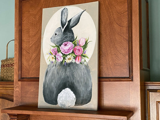 Bunny Wall Art for Living Room Rabbit Painting Wall Decor Spring Art Flower Painting Home Decor Rabbit Wall Art Easter Gift for Rabbit Lover